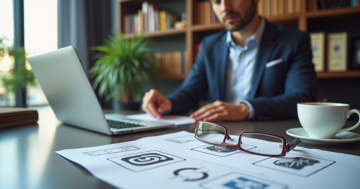 Profissional revisando documentos legais sobre propriedade intelectual em escritório corporativo