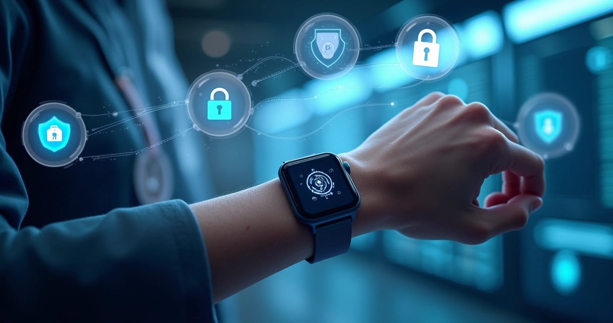 Pulseira wearable digital com ícones de segurança e dados flutuando ao redor