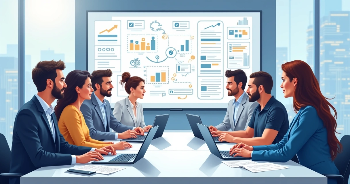 Equipe de profissionais discutindo programa de compliance em sala de reunião moderna com computador e documentos