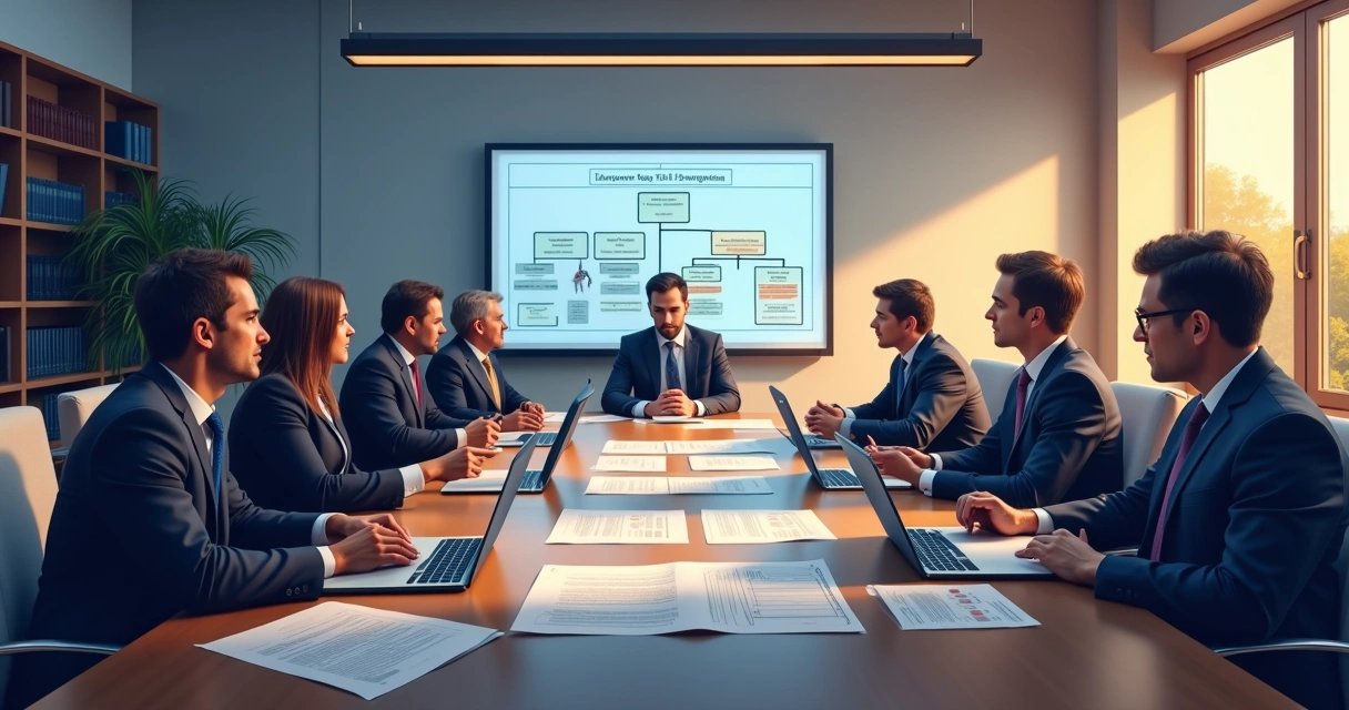 Reunião corporativa com advogados e empresários discutindo contratos e governança societária em sala moderna