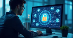 Profissional em escritório moderno analisando cadeado digital em tela de computador com ícones de segurança cibernética ao redor