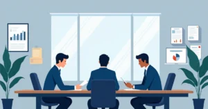 Mesa de juízes arbitrais discutindo documentos em ambiente corporativo com gráficos e certificados ao fundo